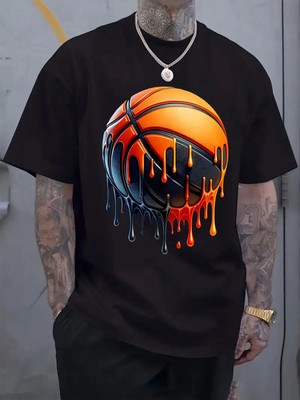  Modaya Uygun, Eriyen Basketbol Desenli Baskılı Erkek Kısa Kollu Tişört