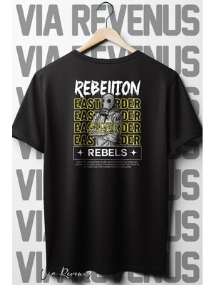  Rebels Sırt Baskılı Oversize Geniş Kalıp Bisiklet Yaka Siyah Tshirt