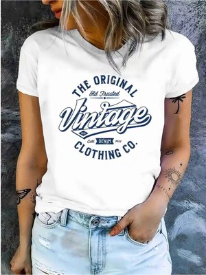  Vintage Mektup Baskılı Bisiklet Yaka T-Shirt