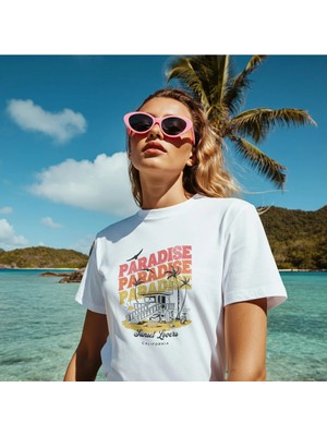  Paradise Sunset Lovers Baskılı Oversıze Retro Vintage Bisiklet Yaka Pamuklu Kadın ve Erkek Tshırt