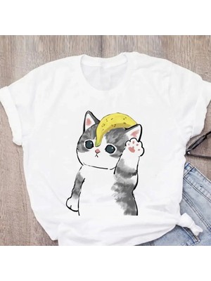  Sevimli Kedi Komik Baskılı Kadın T-Shirt MOD106