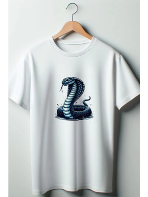  Kobra Baskılı Oversize Bisiklet Yaka Beyaz Tshirt