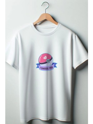  Seni Seçtim Pokeball Baskılı Coquette 2024 Modası Beyaz Oversize Kalıp Bisiklet Yaka Tshirt