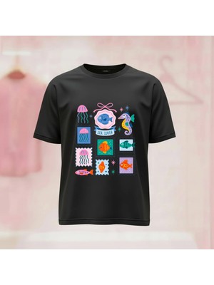 Baskılı Bisiklet Yaka Geniş Kalıp Unisex Tshirt