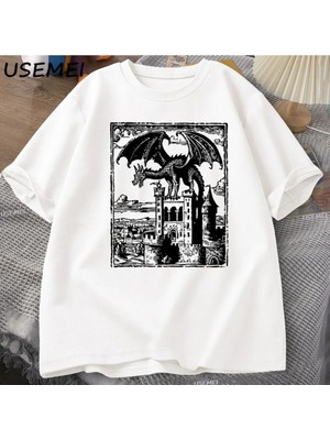  Ejderha Vintage Koyu Grafik T Shirt 90S Retro Y2K Tshirt Baskı Büyük Boy T-Shirt Kadın Erkek 3024