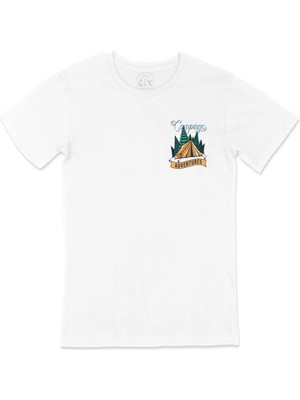 Camping Adventures Cep Logo Tasarımlı Beyaz Tişört