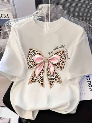  Kadınlar Için Şık, Yuvarlak Yakalı, Fiyonk ve Leopar Desenli Patchwork Baskılı Tişört