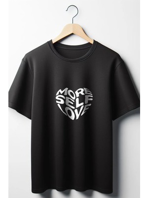  More Self Love Baskılı Oversize Geniş Kalıp Unisex Bisiklet Yaka Siyah Tshirt