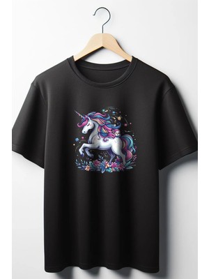  Unicorn Baskılı Oversize Geniş Kalıp Unisex Bisiklet Yaka Siyah Tshirt