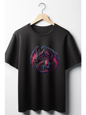  Ejderha Baskılı Oversize Geniş Kalıp Unisex Bisiklet Yaka Siyah Tshirt