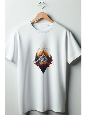  Manzara Baskılı Oversize Geniş Kalıp Unisex Bisiklet Yaka Beyaz Tshirt