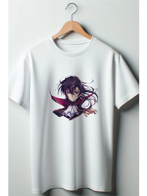  Code Geass Baskılı Oversize Geniş Kalıp Unisex Bisiklet Yaka Beyaz Tshirt