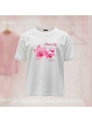  Simple Joy Çiçek Baskılı Bisiklet Yaka Geniş Kalıp Tshirt