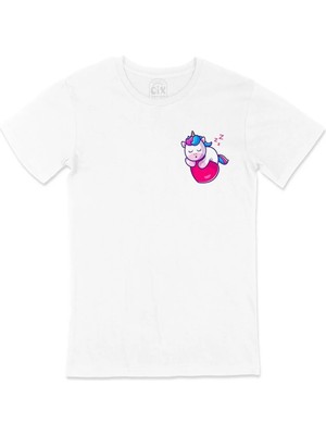  Uykucu Unicorn Cep Logo Tasarımlı Beyaz Tişört