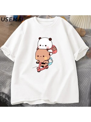  Panda ve Brownie Ayı Çift Bisiklet Sürme T-Shirt Boy Komik Karikatür T Shirt Erkekler Pamuk O