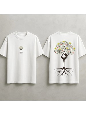  Unisex Önü ve Arkası Baskılı Mindfulness,siyah Lotus Çiçeği , Mandala Tasarımlı Meditasyon ,yoga Baskılı Bisiklet Yaka Tişört