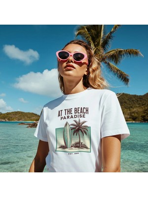  At The Beach Paradıse Baskılı Oversıze Retro Vintage Bisiklet Yaka Pamuklu Kadın ve Erkek Tshırt