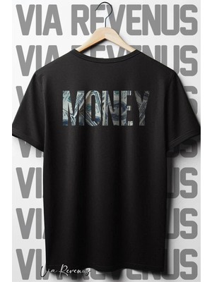  Money Sırt Baskılı Oversize Geniş Kalıp Bisiklet Yaka Siyah Tshirt
