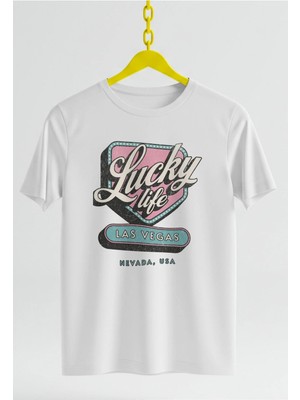  Lucky Life Baskılı Oversıze Retro Vintage Bisiklet Yaka Pamuklu Kadın ve Erkek Tshırt