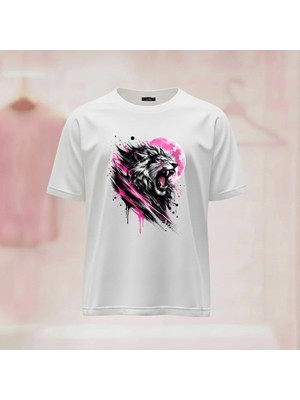  Aslan Baskılı Bisiklet Yaka Geniş Kalıp Unisex Tshirt