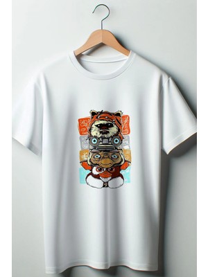  Sevimli Canavarlar Baskılı Oversize Geniş Kalıp Unisex Bisiklet Yaka Beyaz Tshirt