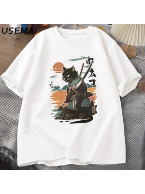  Samuray Kedi T-Shirt Japon Tarzı Kedi Tasarımcı Vintage Tshirt Casual Erkek Grafik T Shirt Pa 2902