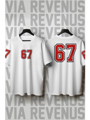  67 Six Seven Ön Arka Kol Baskılı Bisiklet Yaka Bol Kesim %100 Pamuk Unisex Tshirt