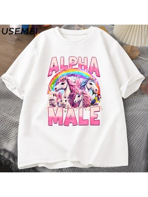  Alfa Erkek Unicorn Ironik Vintage 90S T-Shirt Retro Komik Gökkuşağı Unisex Tshirt Pamuk Garip 2837