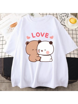  Beyaz Panda Ayı Aşk Bubu Dudu Çift Baskı Yaz Estetik Kore Tee