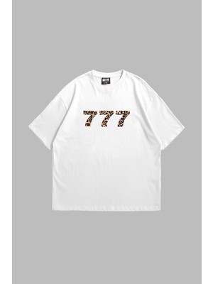  777 Leopar Baskılı Oversize Unisex Premium Beyaz