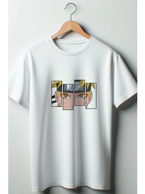  Naruto Baskılı Oversize Geniş Kalıp Unisex Bisiklet Yaka Beyaz Tshirt