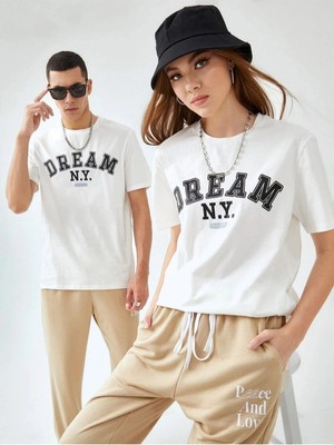  Unisex Beyaz Dream N.y. Baskılı 2'li Set Sevgili Çift Kombini