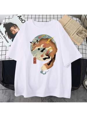  Beyaz Yangın Karikatür Tilki Japon Baskılı Harajuku Tee Tüm