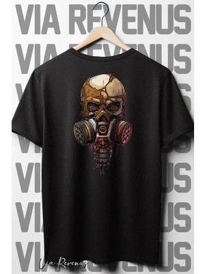  Mechanic Skull Sırt Baskılı Oversize Geniş Kalıp Bisiklet Yaka Siyah Tshirt
