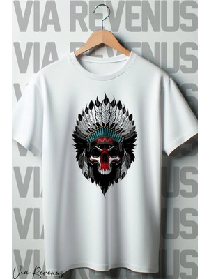  Kurukafa Kızılderili Baskılı Oversize Geniş Kalıp Bisiklet Yaka Beyaz Tshirt