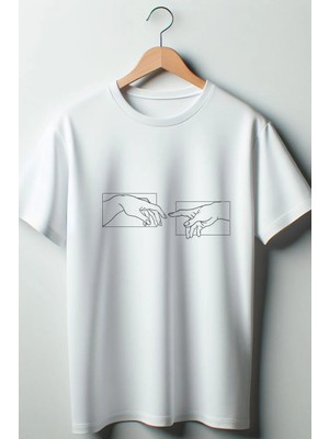  Adem ve Tanrı El Baskılı Oversize Geniş Kalıp Unisex Bisiklet Yaka Beyaz Tshirt