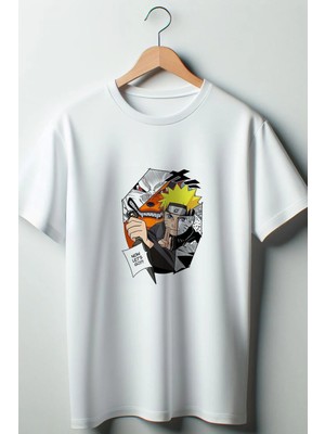  Naruto Baskılı Oversize Geniş Kalıp Unisex Bisiklet Yaka Beyaz Tshirt
