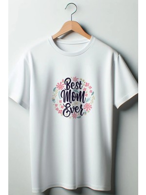  Best Mom Baskılı Oversize Geniş Kalıp Unisex Bisiklet Yaka Beyaz Tshirt