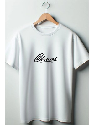  Chaos Yazı Baskılı Oversize Geniş Kalıp Unisex Bisiklet Yaka Beyaz Tshirt