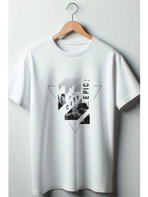  Epic City Baskılı Oversize Geniş Kalıp Unisex Bisiklet Yaka Beyaz Tshirt