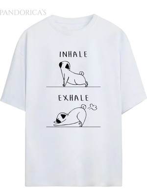  Pandorica's Dog Yoga Komik Tasarim Köpek Baskılı Inhale Exhale Yazılı Unisex Pamuklu T-Shirt