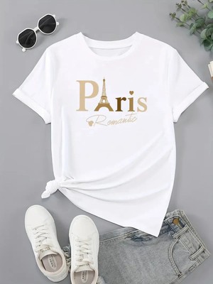  Kadın Paris Baskılı Tişört