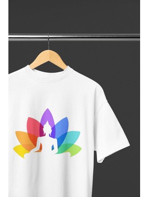  Yoga Lotus Çiçeği Baskılı Oversize Tişört Unisex Çakra Meditasyon Temalı Bisiklet Yaka Pamuklu