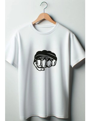  Yumruk Baskılı Oversize Geniş Kalıp Unisex Bisiklet Yaka Beyaz Tshirt