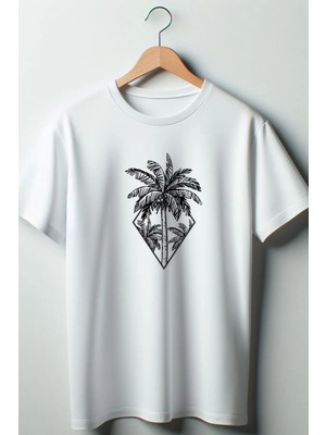  Palmiye Baskılı Oversize Geniş Kalıp Unisex Bisiklet Yaka Beyaz Tshirt