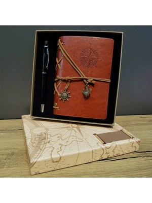 Lovesta Home Kahverengi Pusula Tasarım Deri Defter ve Siyah Kalem Seti