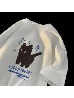  Beyaz Yaz Sade ve Eğlenceli Siyah Kedi Desenli ve Ins Çift Yarım Kollu Bol T