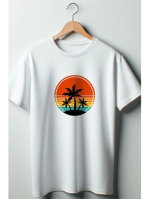  Palmiye Baskılı Oversize Geniş Kalıp Unisex Bisiklet Yaka Beyaz Tshirt