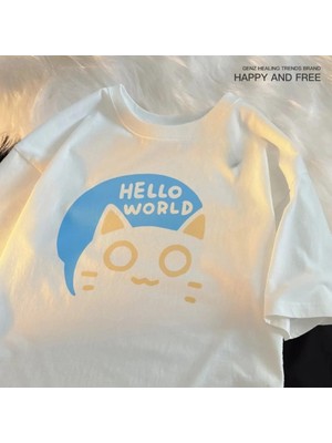  Beyaz Merhaba Dünya Yaz Trendy Gevşek Kodu Itiraf Eğlenceli Çift Yarım Koll
