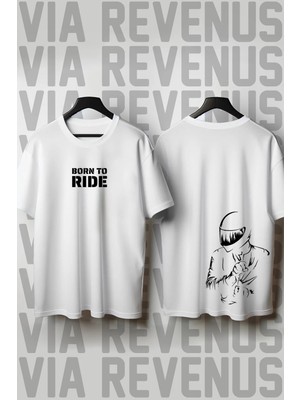  Born To Ride / Motorcu Ön ve Arka Baskılı Geniş Kalıp Unisex Bisiklet Yaka Tshirt